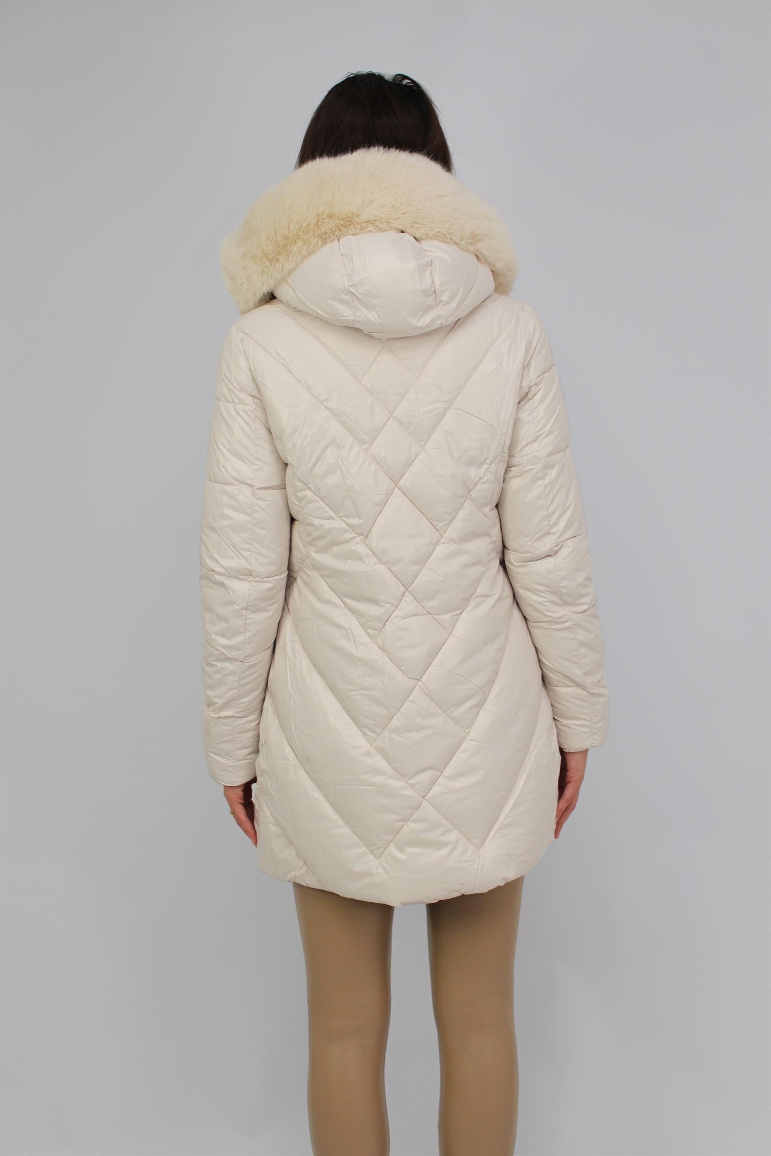 Wintermantel mit Kapuze und Kunstfell - Creme