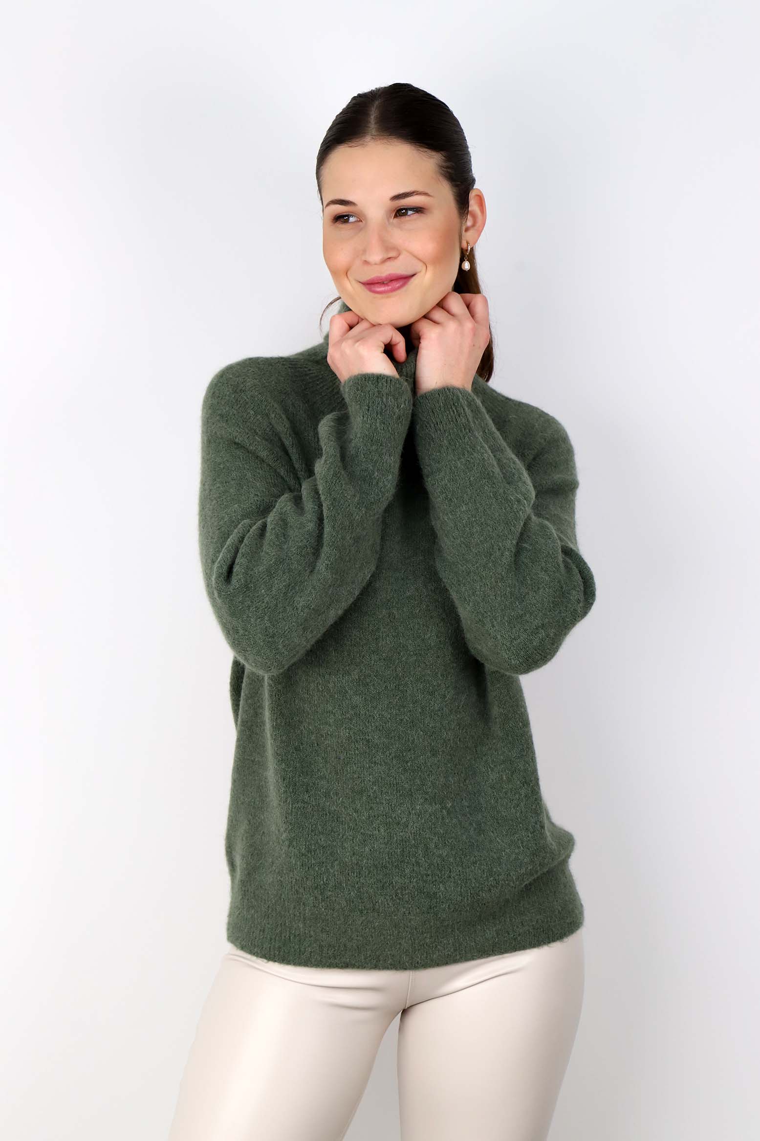 Strickpullover Rollkragen aus Aplaka und Wolle - Khaki