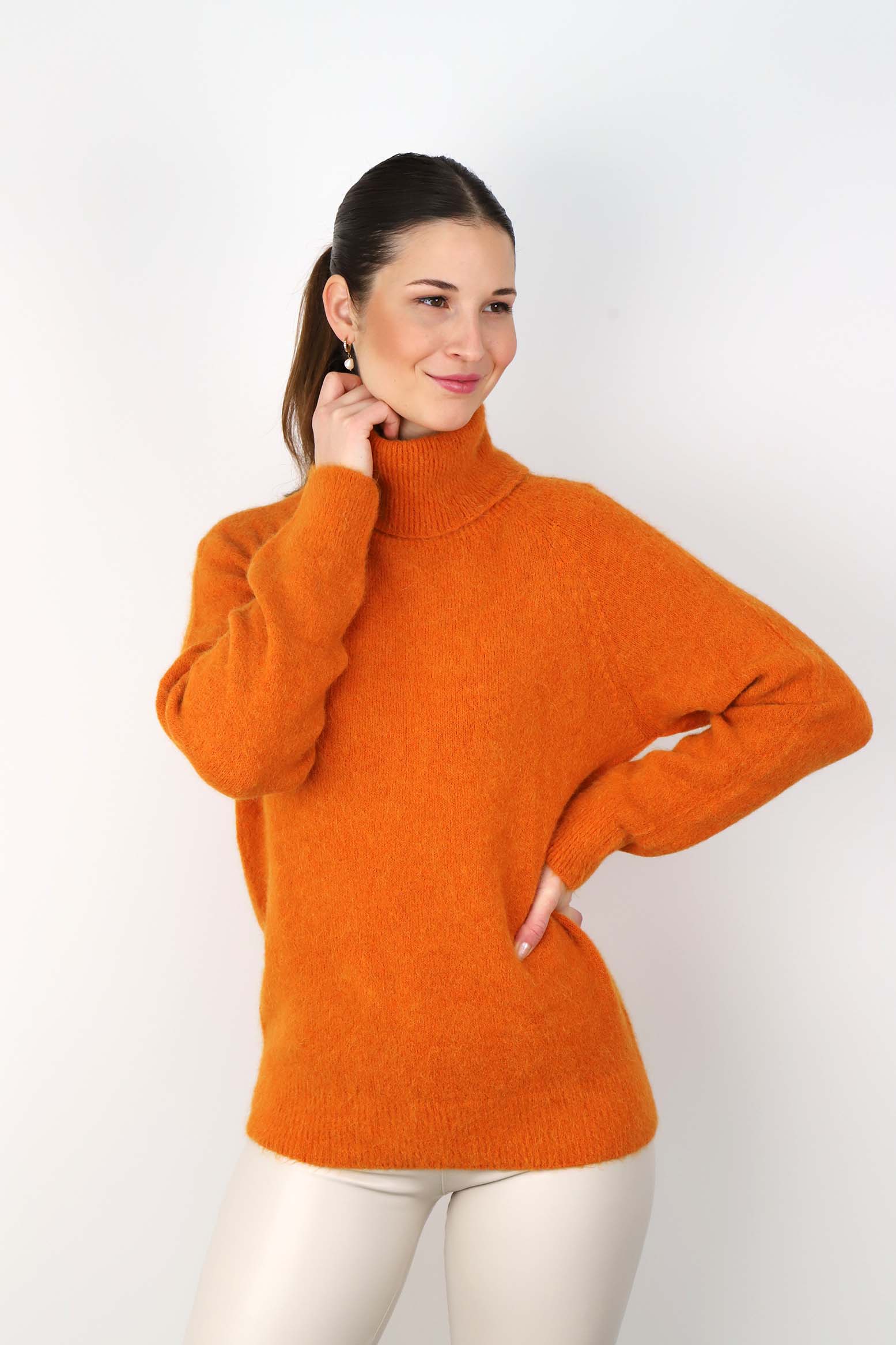 Strickpullover Rollkragen aus Aplaka und Wolle - Orange