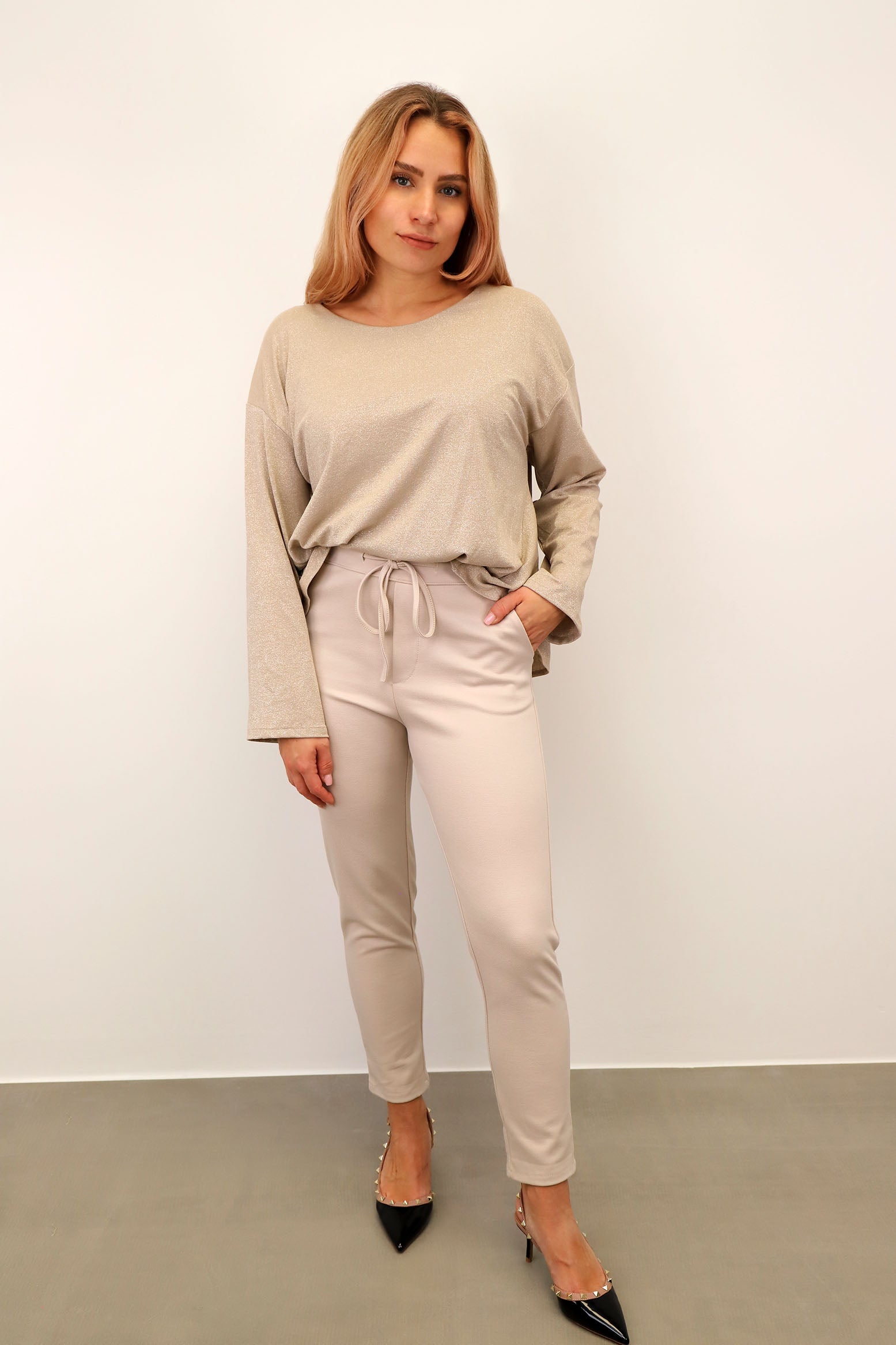 Bluse "Lurex mit Rundhals" - Beige