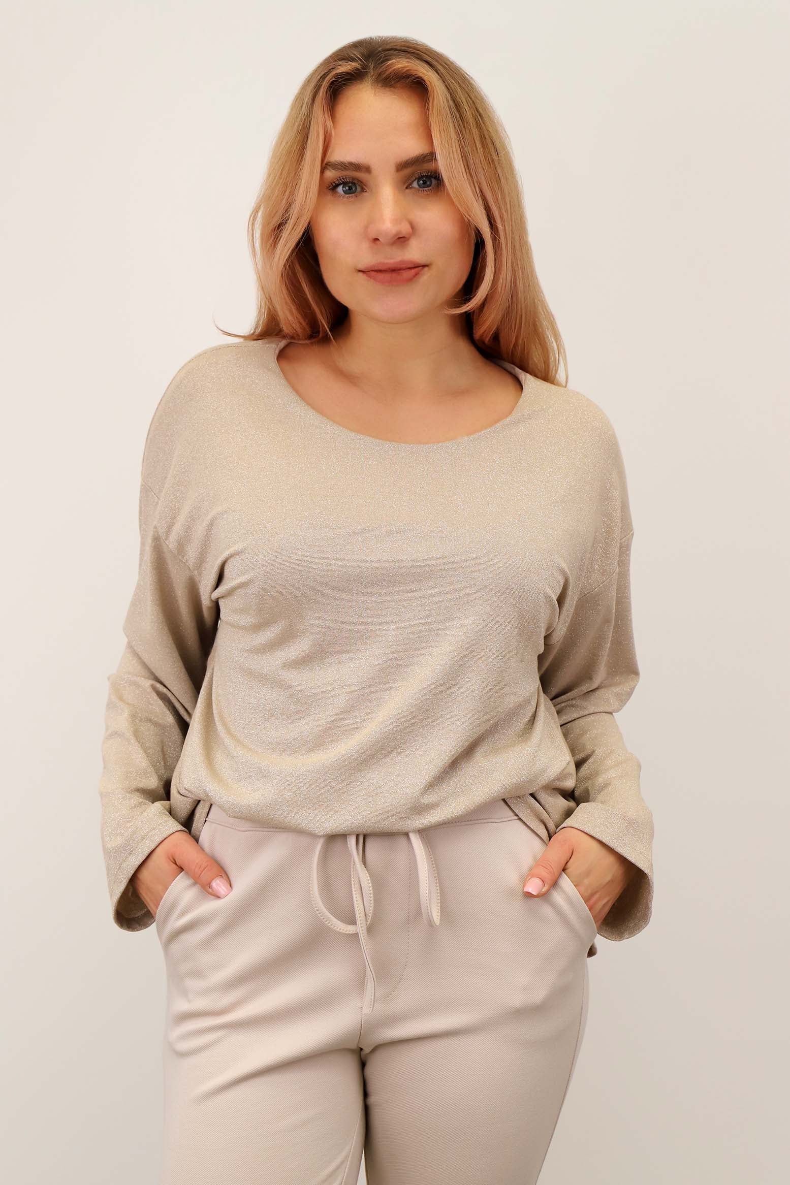 Bluse "Lurex mit Rundhals" - Beige