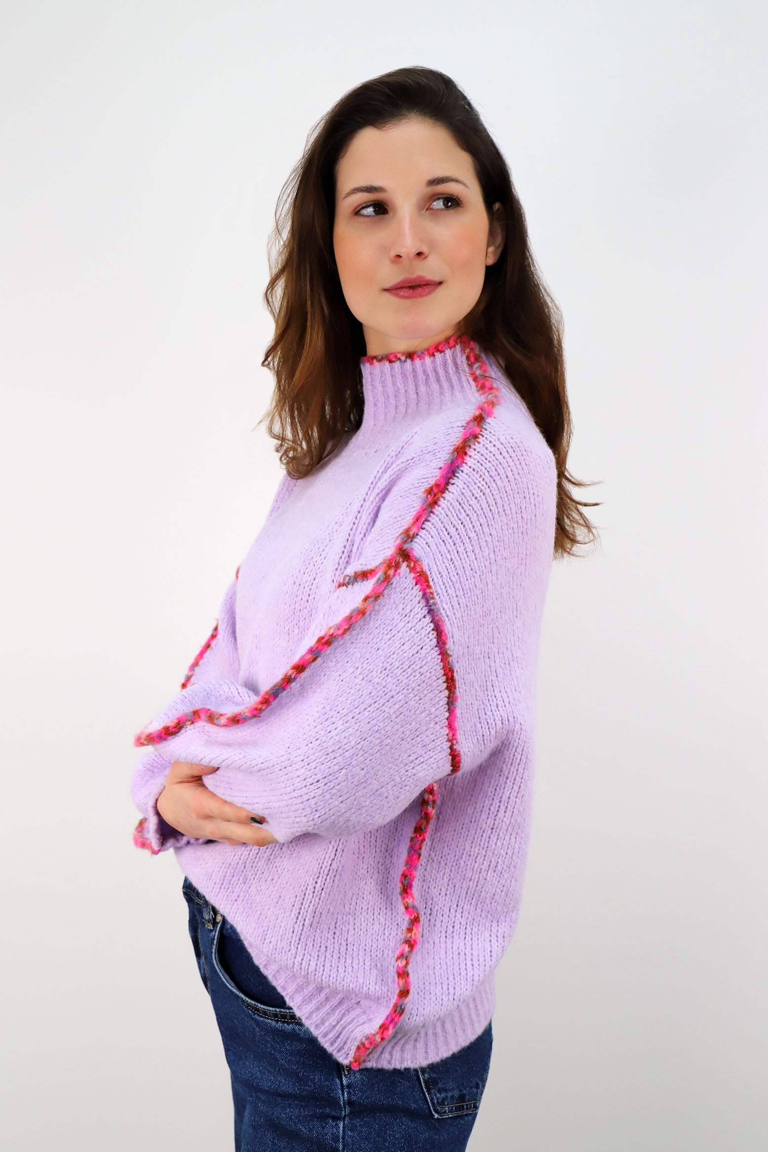 Pullover mit bunter Naht - Flieder