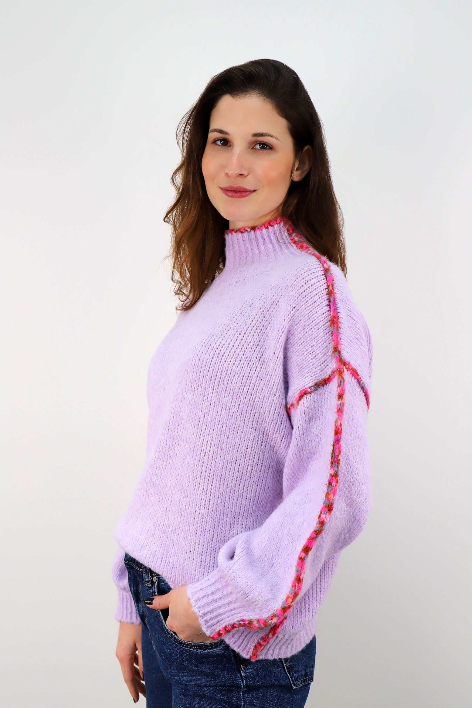 Pullover mit bunter Naht - Flieder