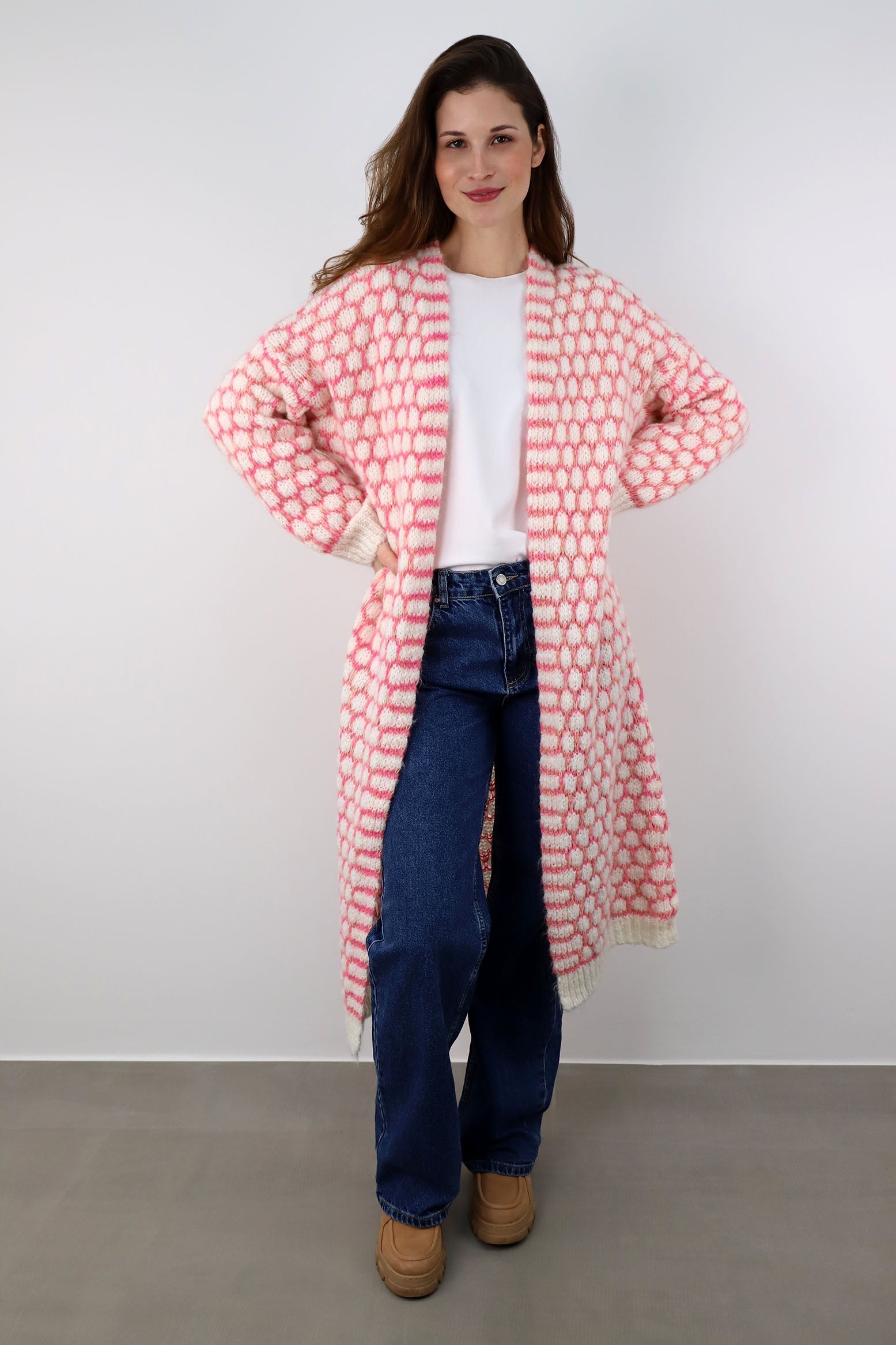 Strickjacke lang "Exklusiv" - Creme/Pink
