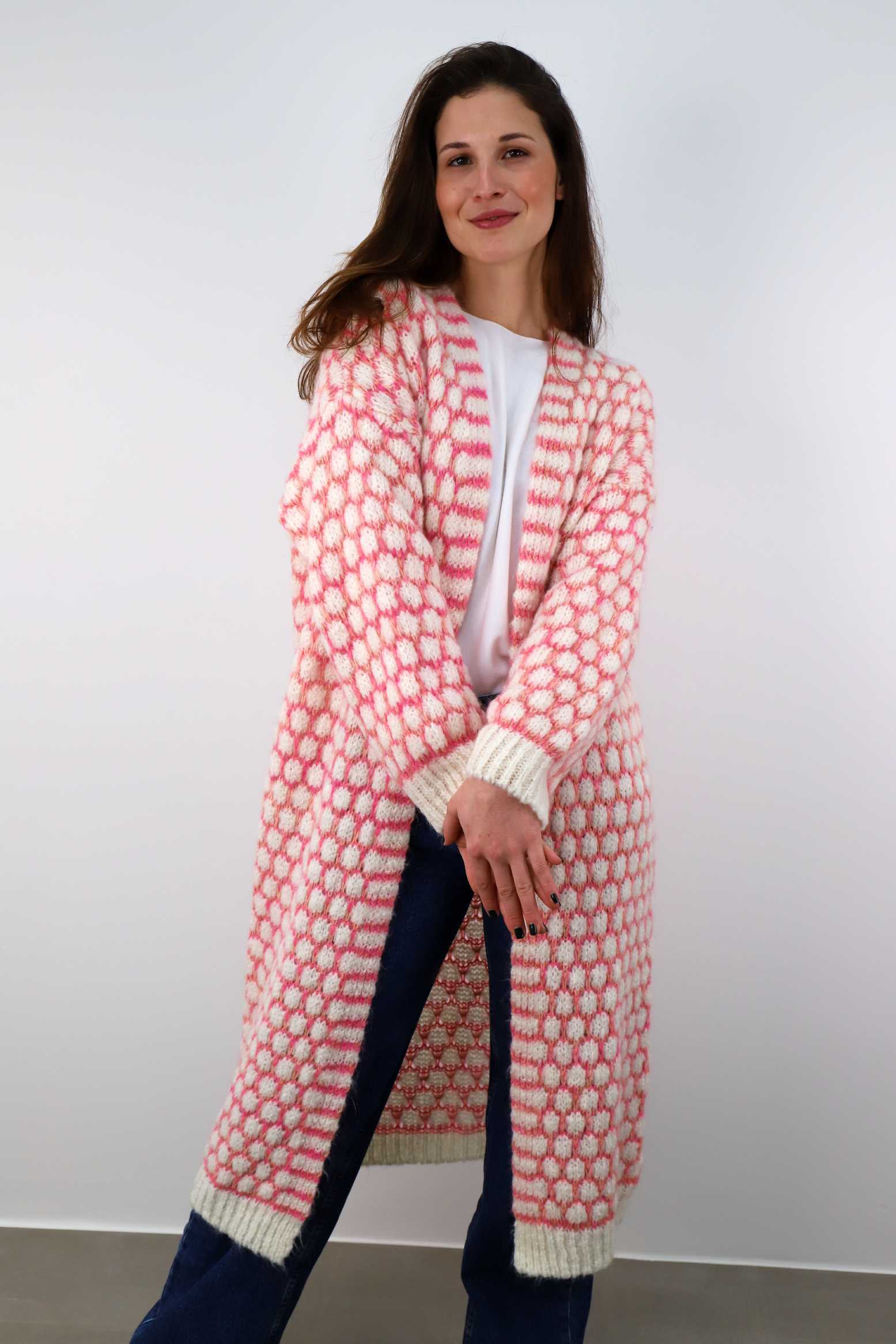 Strickjacke lang "Exklusiv" - Creme/Pink