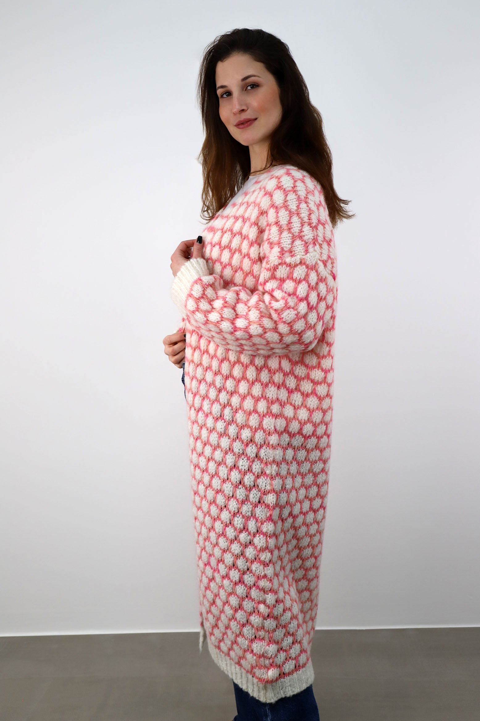 Strickjacke lang "Exklusiv" - Creme/Pink