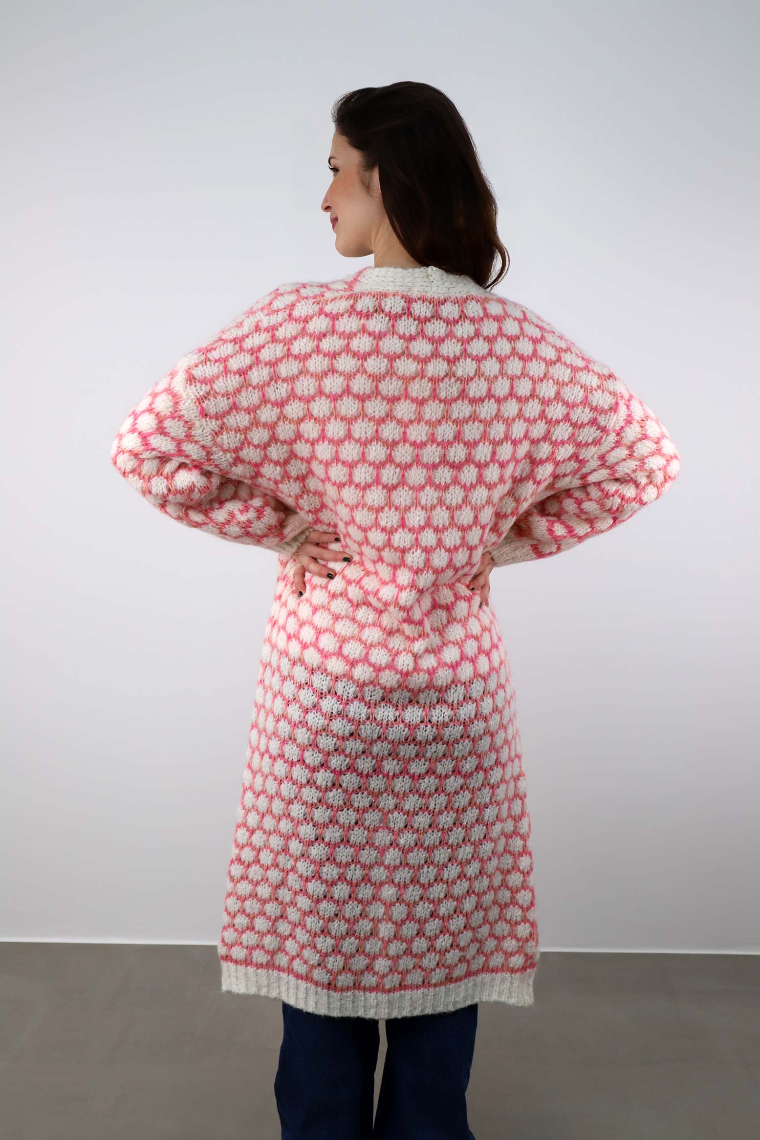 Strickjacke lang "Exklusiv" - Creme/Pink