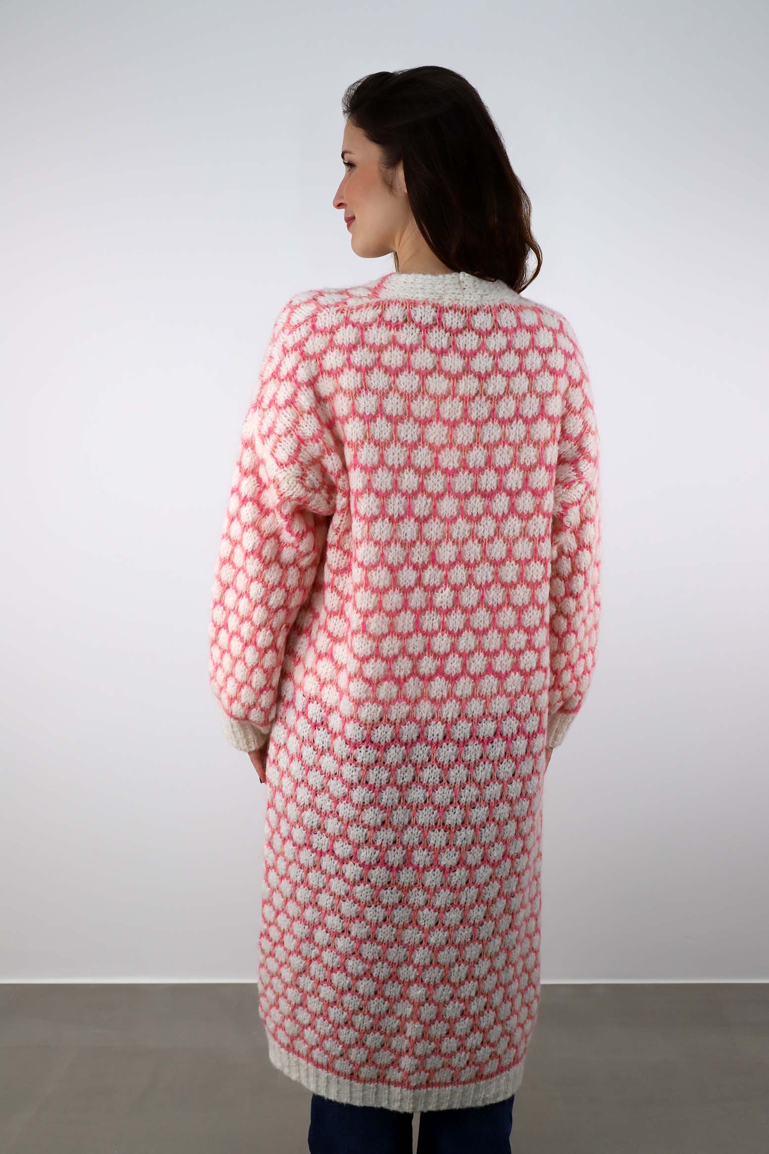 Strickjacke lang "Exklusiv" - Creme/Pink