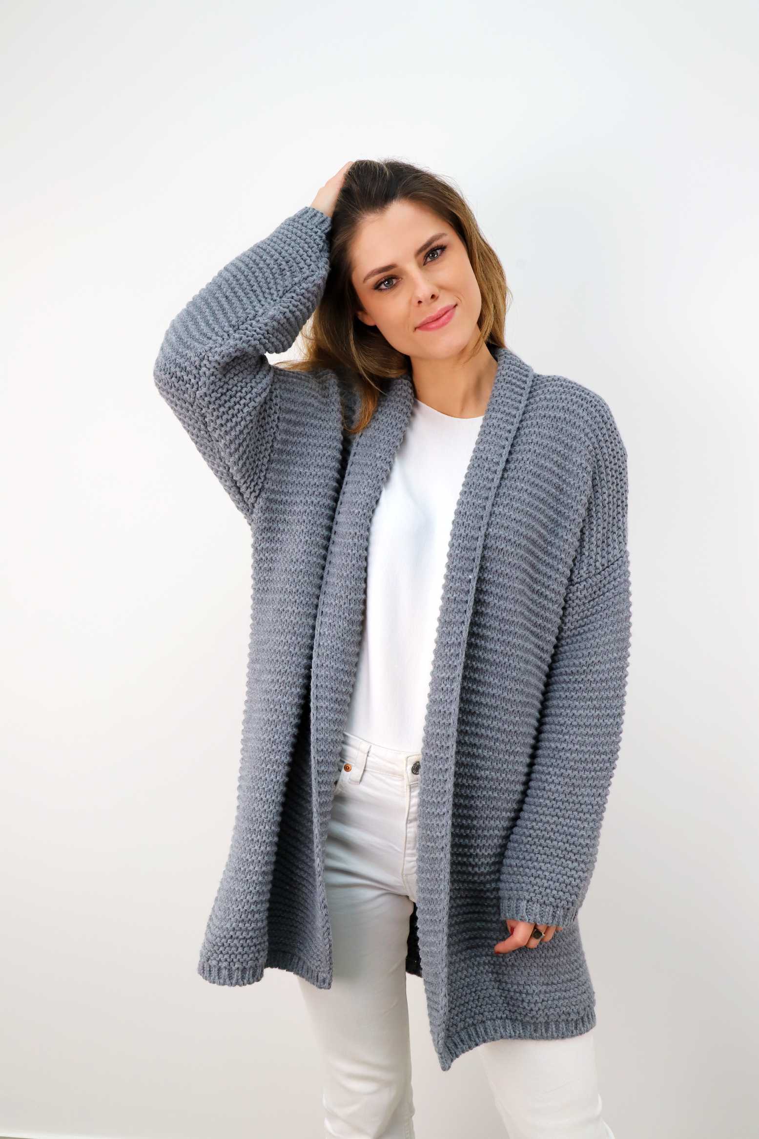 Long Cardigan Strickjacke Grau Grobstrick Oversize Strickjacke