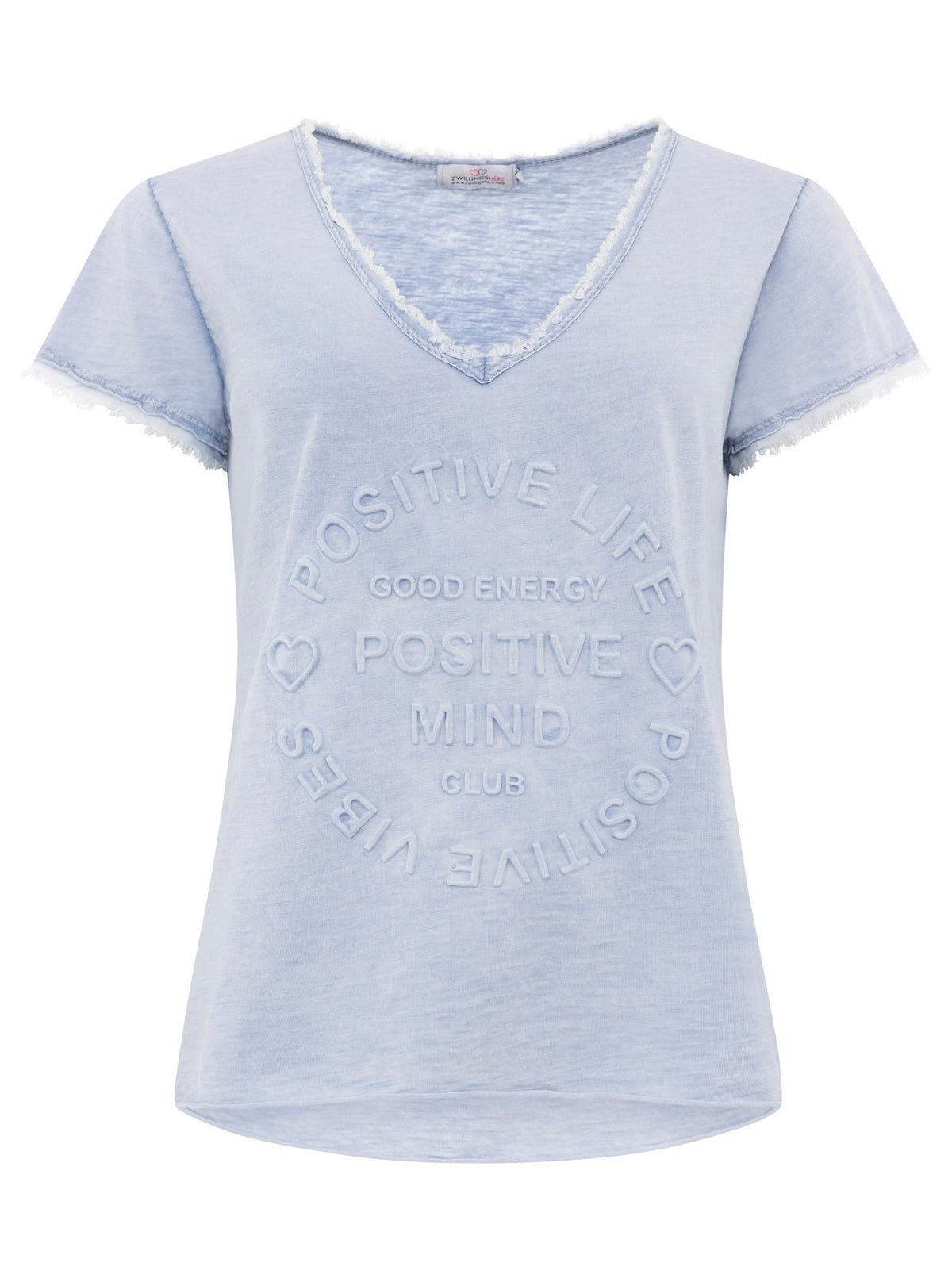 Zwillingsherz -  Oversized T-Shirt "Positive Mind" Fransensaum - Jeansblau