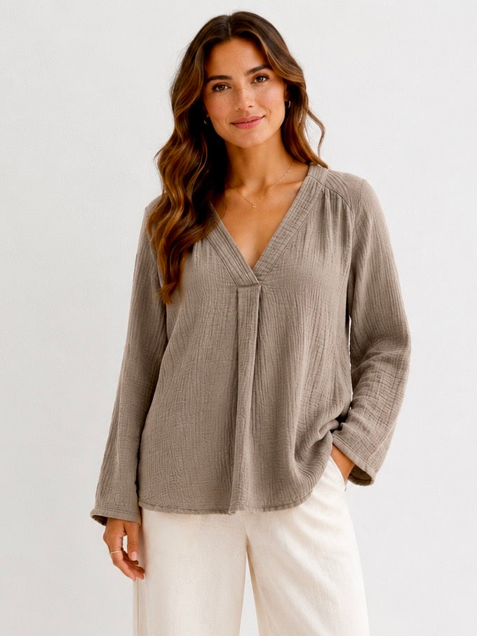 Musselin Bluse - V-Ausschnitt - Taupe
