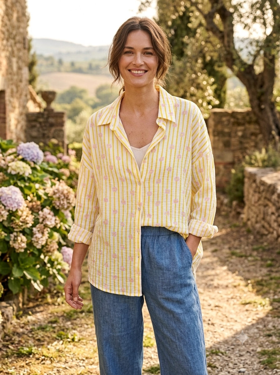 Musselin-Bluse Streifen & Blumen - Gelb