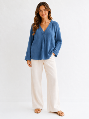 Musselin Bluse - V-Ausschnitt - Jeansblau