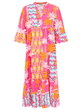 Zwillingsherz - Maxi Kleid Blumen Design Ornamente  - Pink/Orange