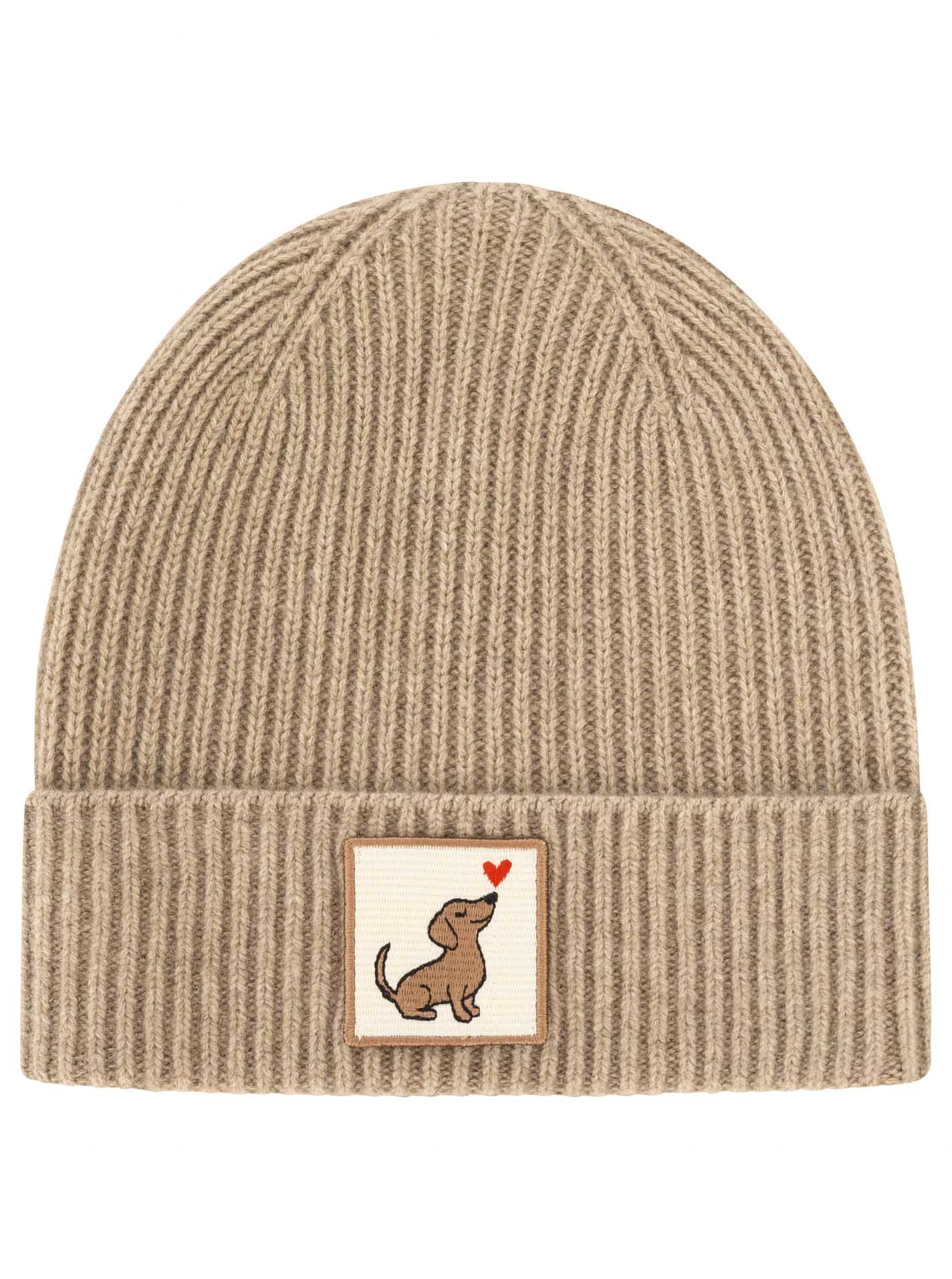 Zwillingsherz Kaschmir-Umschlagmütze Dog Love Patch (100% Cashmere) - Mittelbeige