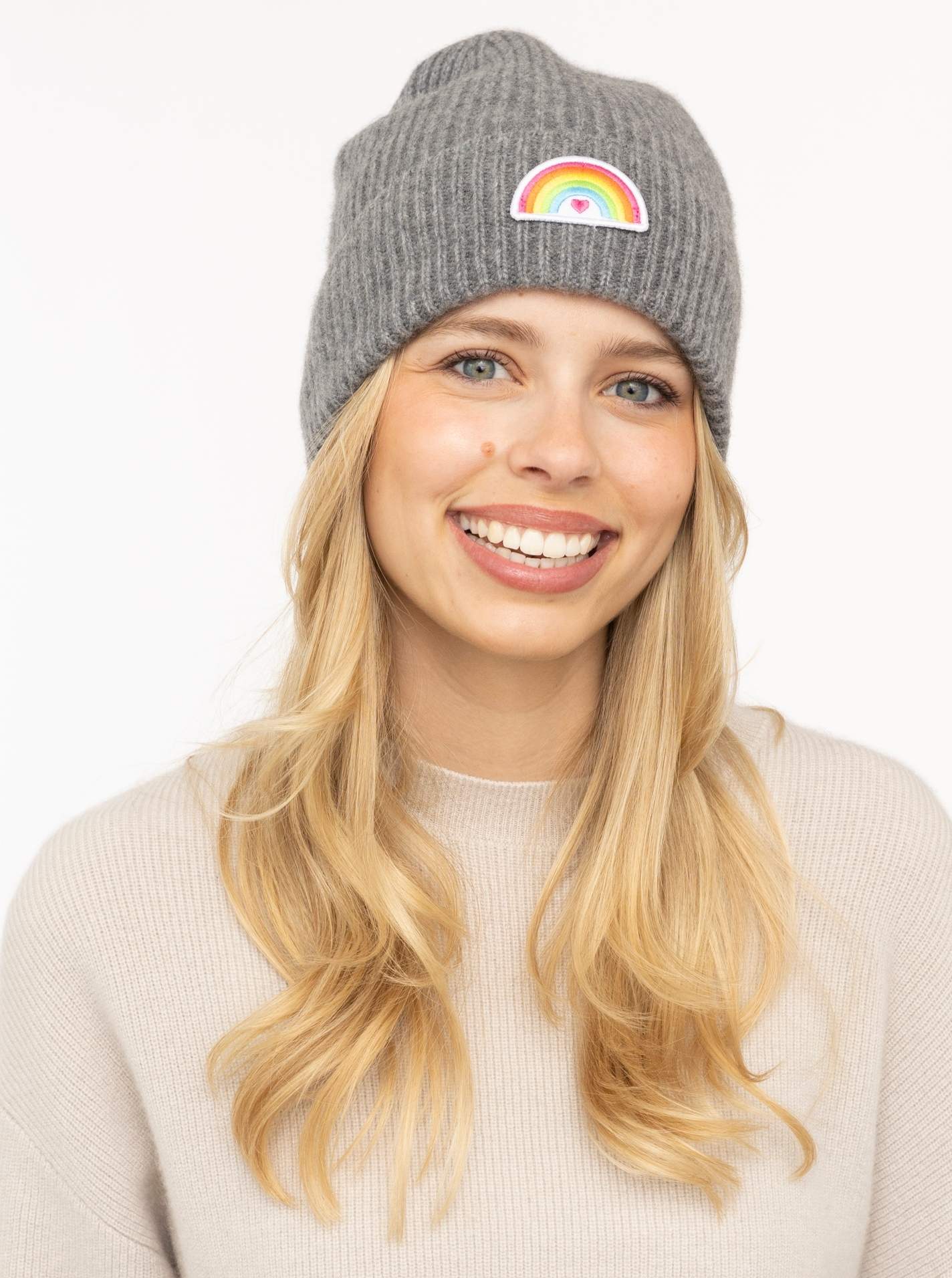 Zwillingsherz Kaschmir-Umschlagmütze Rainbow Patch Mittelgrau