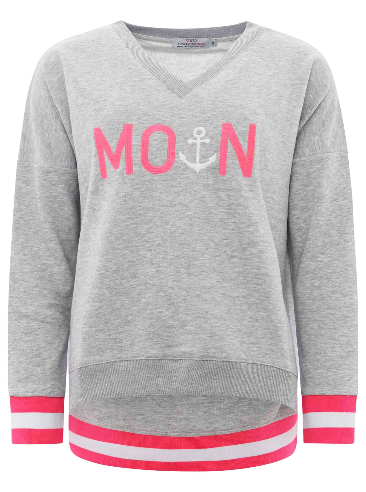 Zwillingsherz - Sweatshirt V-Ausschnitt "Moin Anker" - Grau/Pink