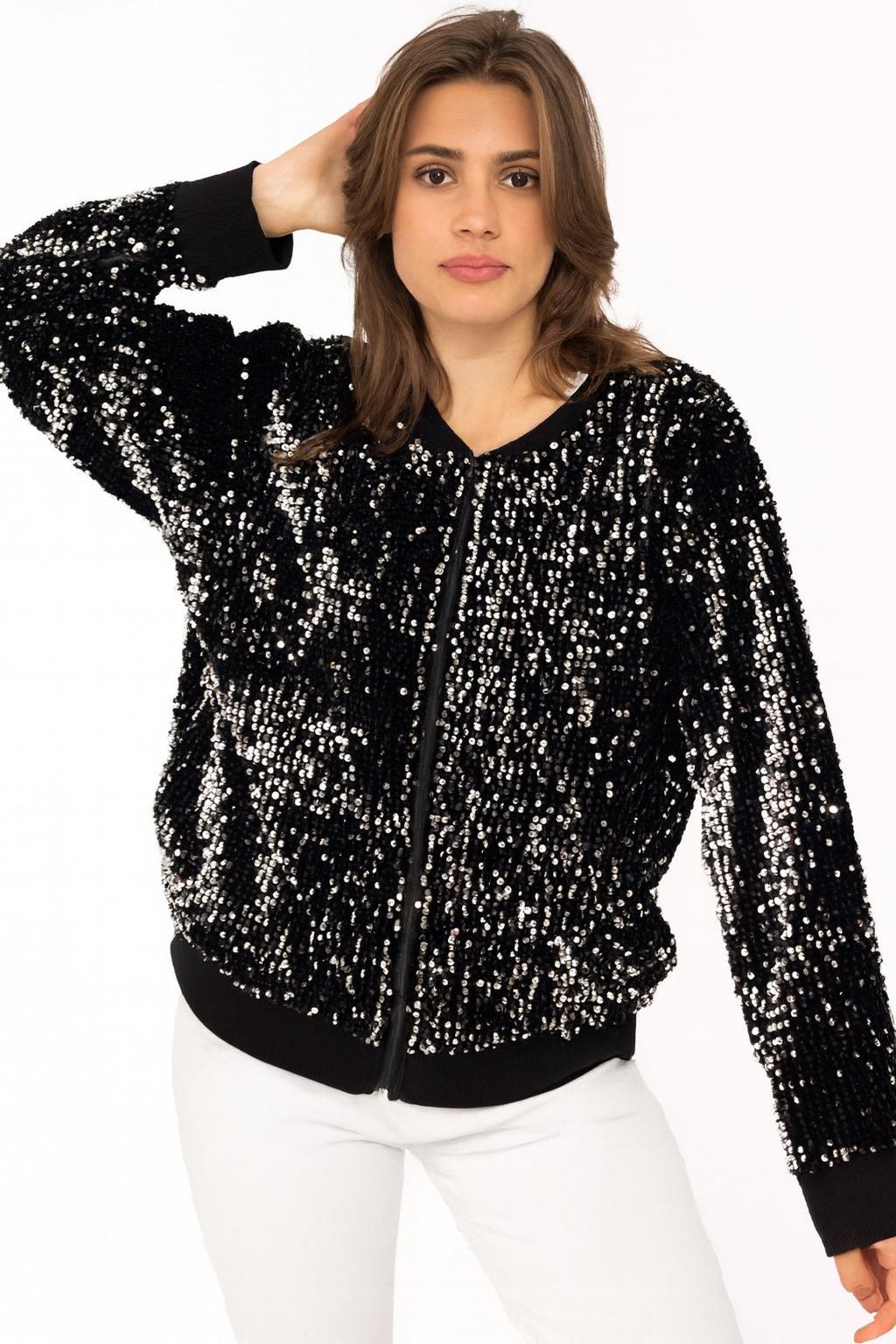 Zwillingsherz Bomberjacke Glitzer mit Pailletten - Schwarz