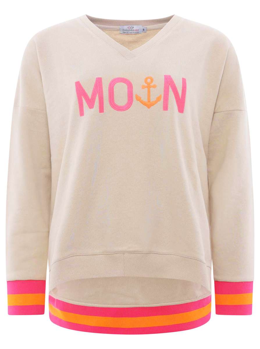 Zwillingsherz - Sweatshirt V-Ausschnitt "Moin Anker" - Beige/Pink