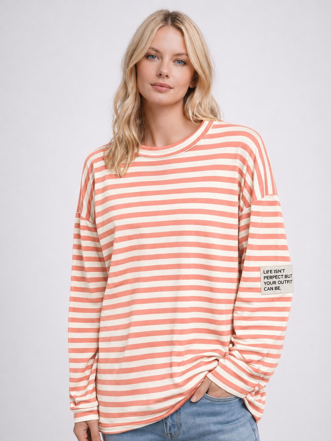 Flair - Leichtes Streifen Sweatshirt "Life isn’t Perfect but your Outfit can be" - Koralle/Creme