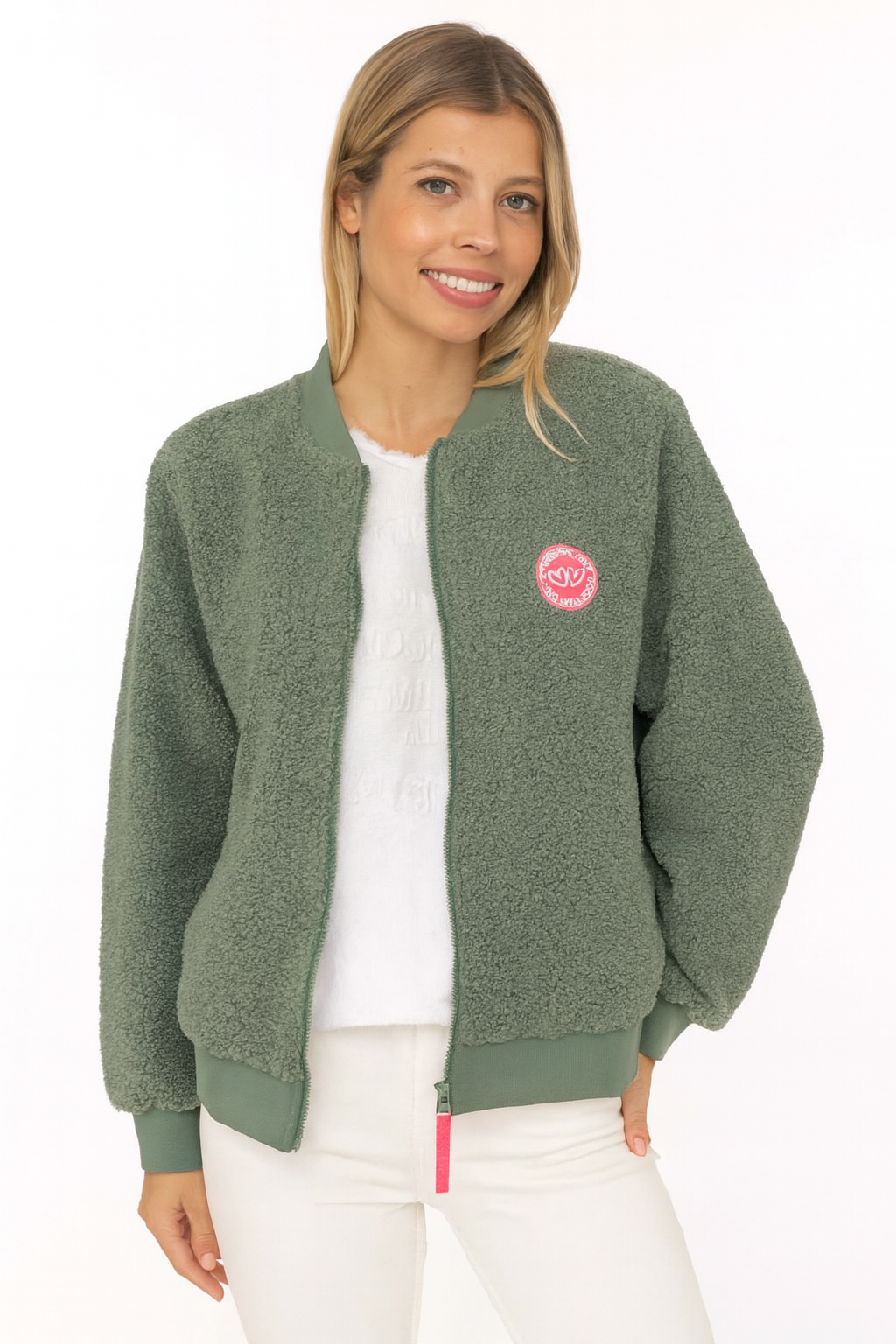 Zwillingsherz Damen Teddy-Bomberjacke Good Vibes - Khaki