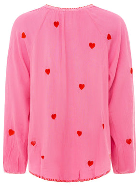 Zwillingsherz - Bluse V-Ausschnitt „Gestickte Herzen“ - Pink