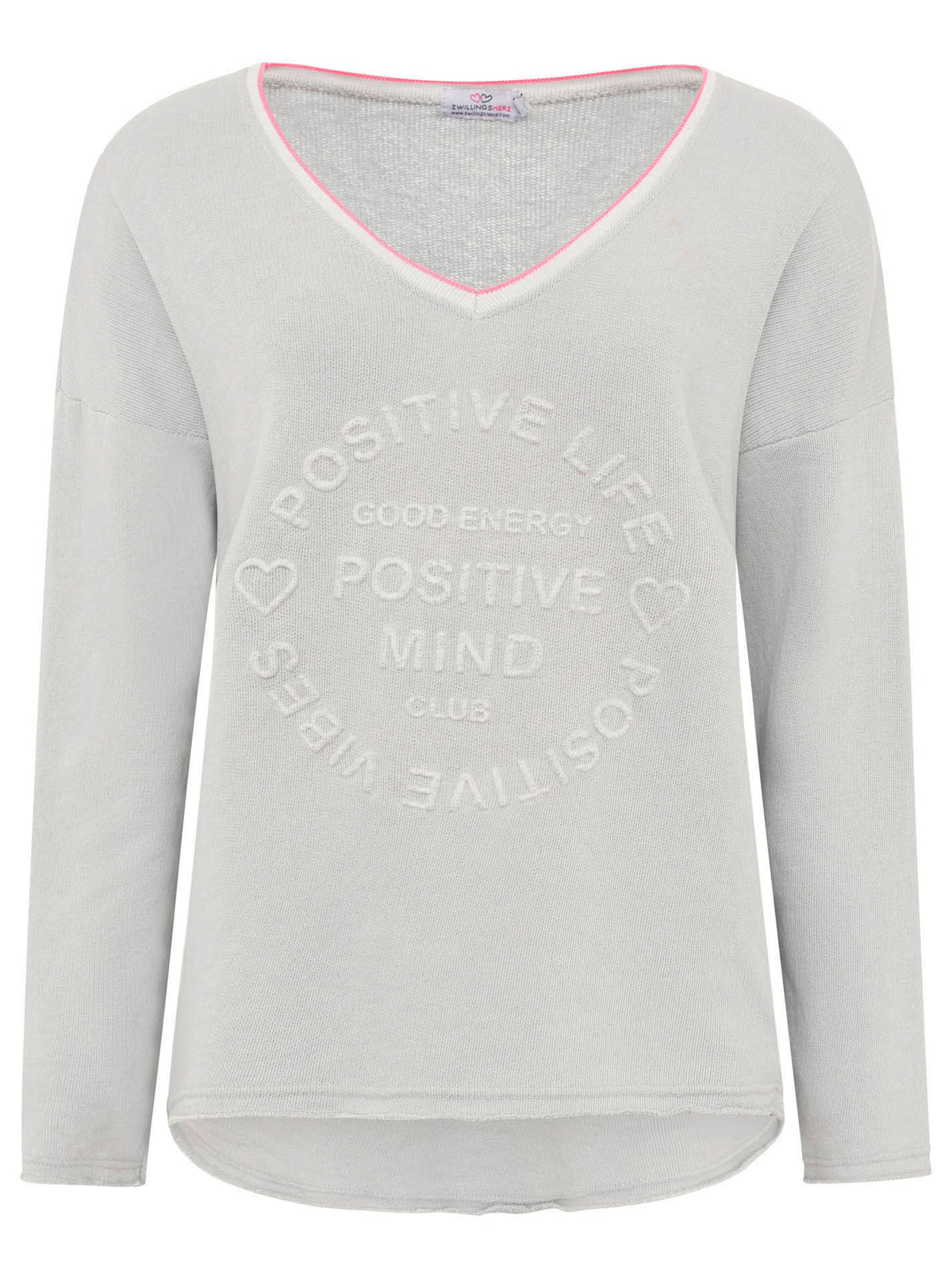 Zwillingsherz -  Sweatshirt "Positive Mind Neon Kante"- Hellgrau/Pink