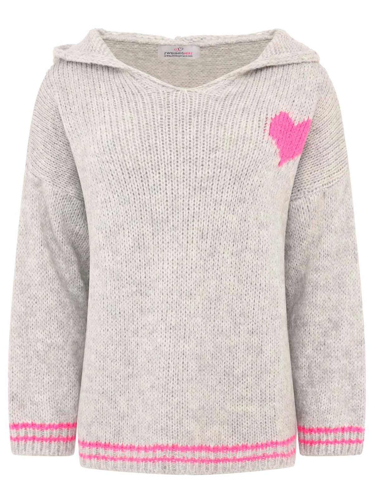 Oversize Strick Hoodie „Herz“ - Made in Italy - Grau/Pink