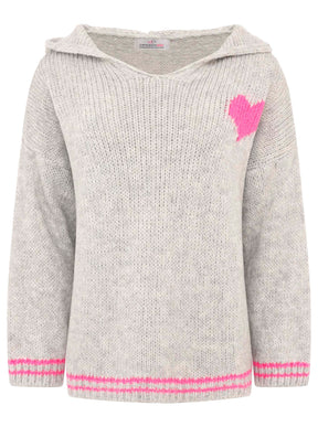 Oversize Strick Hoodie „Herz“ - Made in Italy - Grau/Pink
