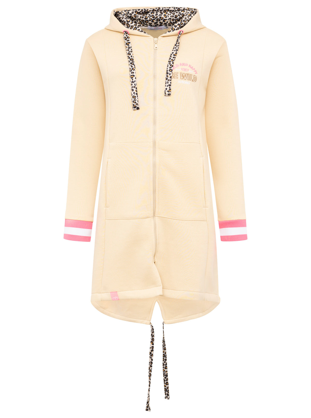 Zwillingsherz - Kapuzen-Sweatjacke Hoodiemantel "Be Wild & Happy - Beige/Pink Leo (NEU)