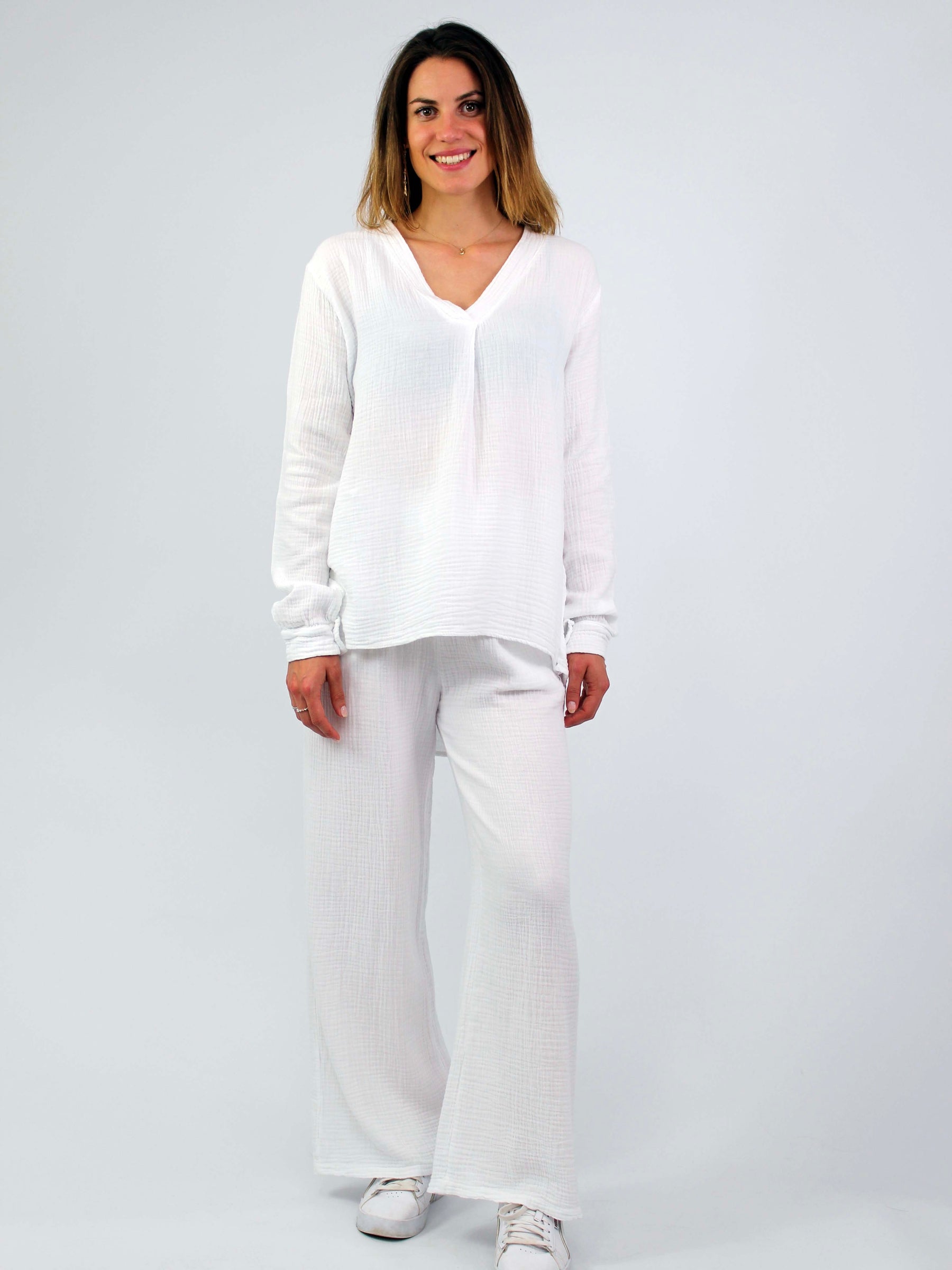 Musselin Zweiteiler (Bluse mit Hose) - Weiß
