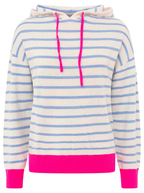 Zwillingsherz Kaschmir Hoodie Neonstreifen - Mittelblau/Neonpink