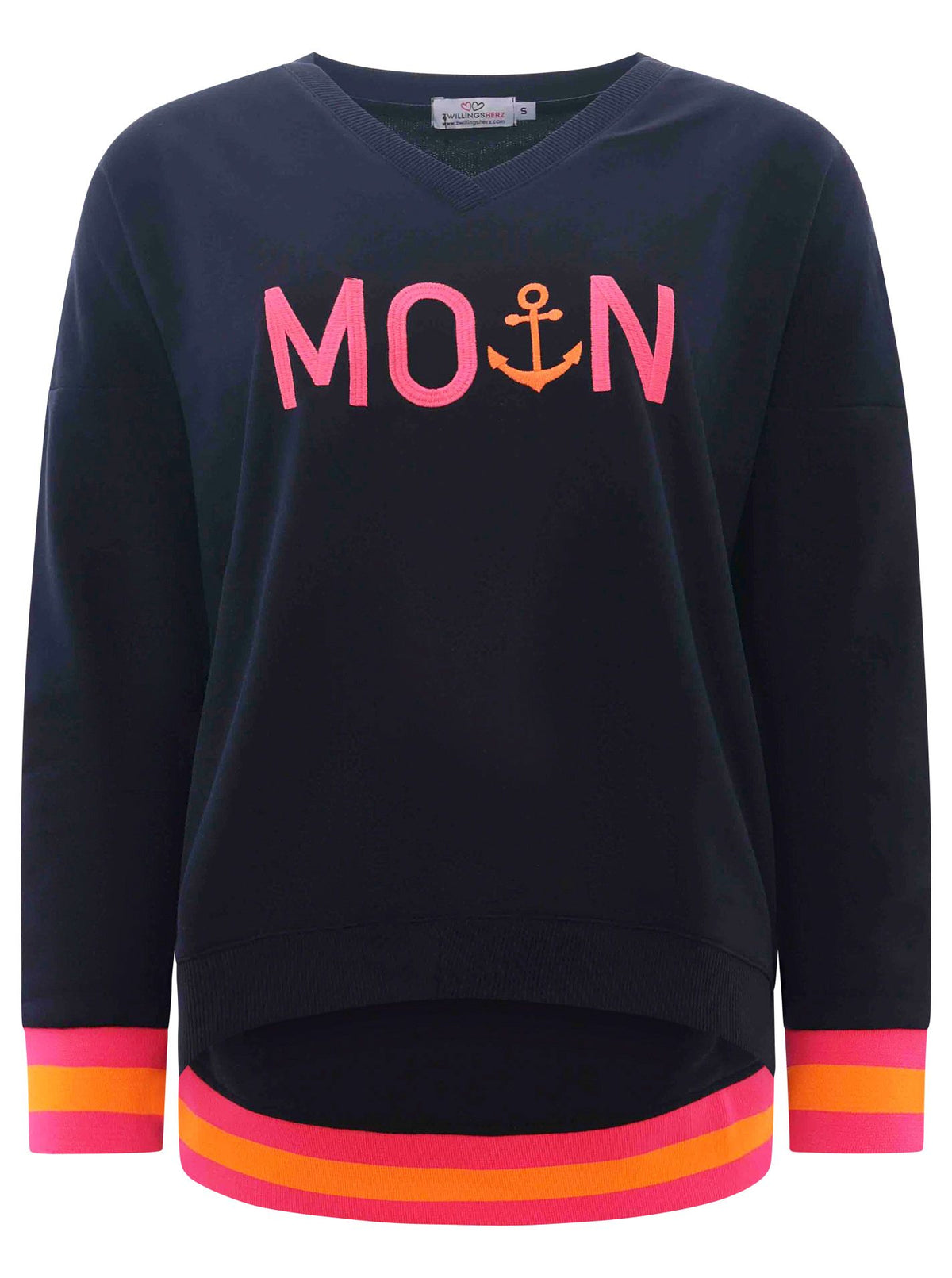Zwillingsherz - Sweatshirt V-Ausschnitt "Moin Anker" (fällt größer aus) - Blau/Pink