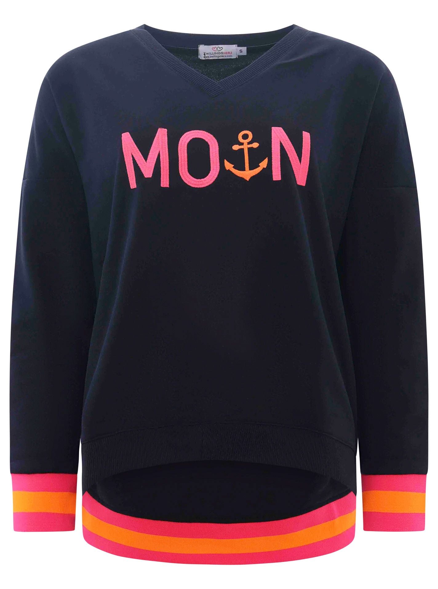 Zwillingsherz - Sweatshirt V-Ausschnitt "Moin Anker" (fällt größer aus) - Blau/Pink
