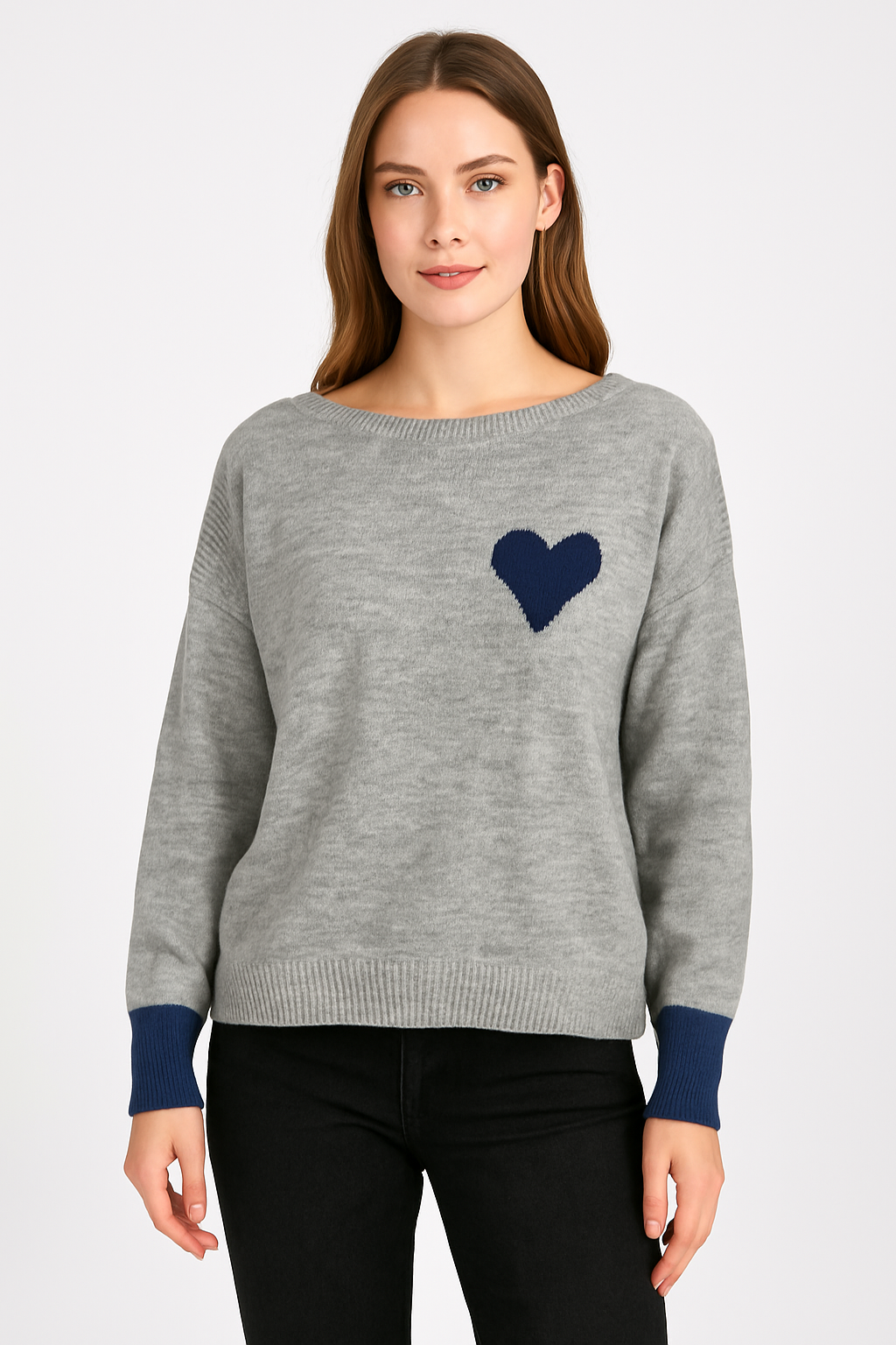Strick-Pullover Wolle mit "Herz" - Hellgrau