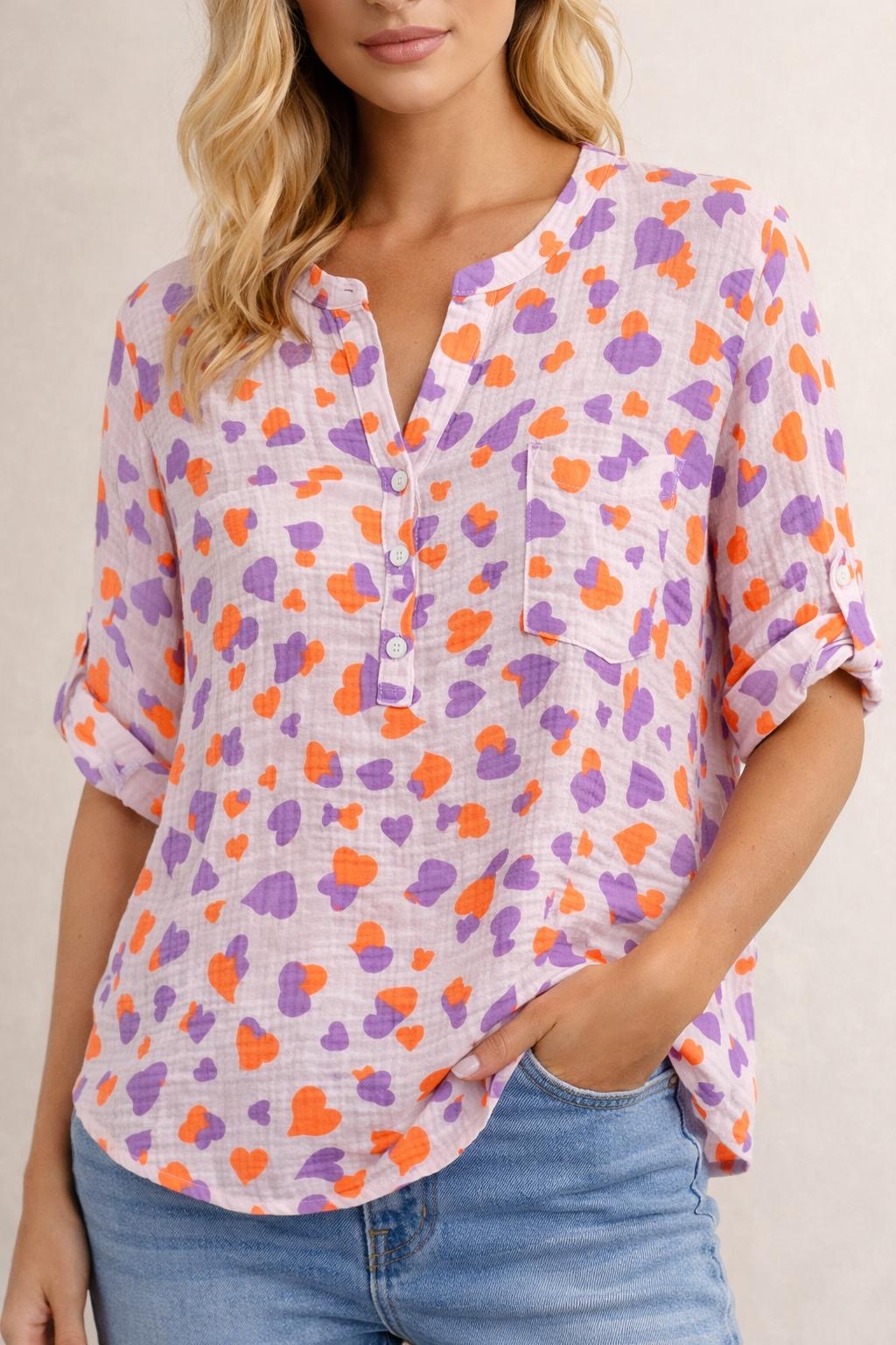 Lockere Musselin Bluse Verteilte Herzen - Orange/Flieder