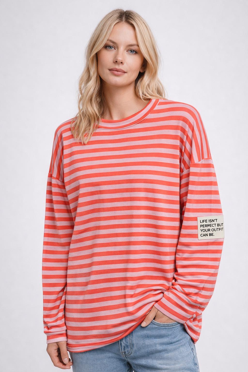 Flair - Leichtes Streifen Sweatshirt "Life isn’t Perfect but your Outfit can be" - Koralle/Rosa