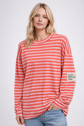 Flair - Leichtes Streifen Sweatshirt "Life isn’t Perfect but your Outfit can be" - Koralle/Rosa