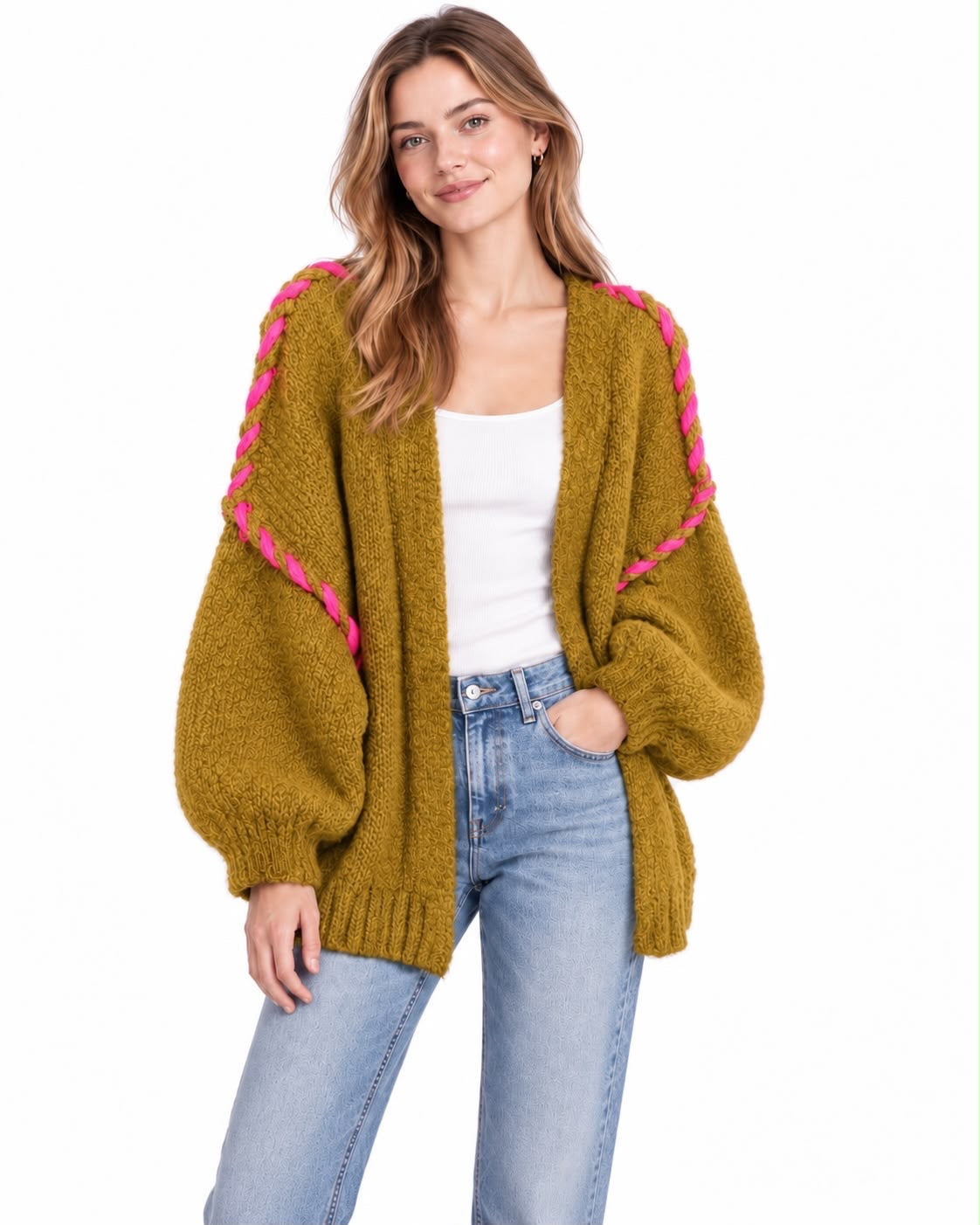 Oversize Cardigan Viskose mit Kontrastnaht – Senfgelb/Pink