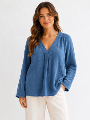 Musselin Bluse - V-Ausschnitt - Jeansblau