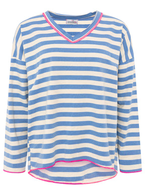 Zwillingsherz - Sweatshirt V-Neck "Streifen & Jersey" - Jeansblau