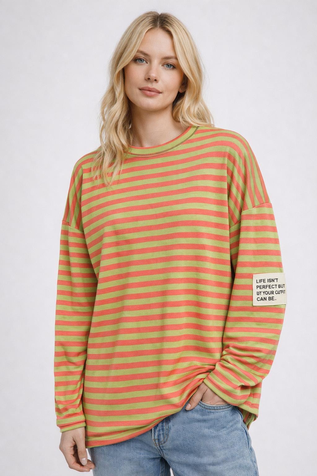 Flair - Leichtes Streifen Sweatshirt "Life isn’t Perfect but your Outfit can be" - Khaki