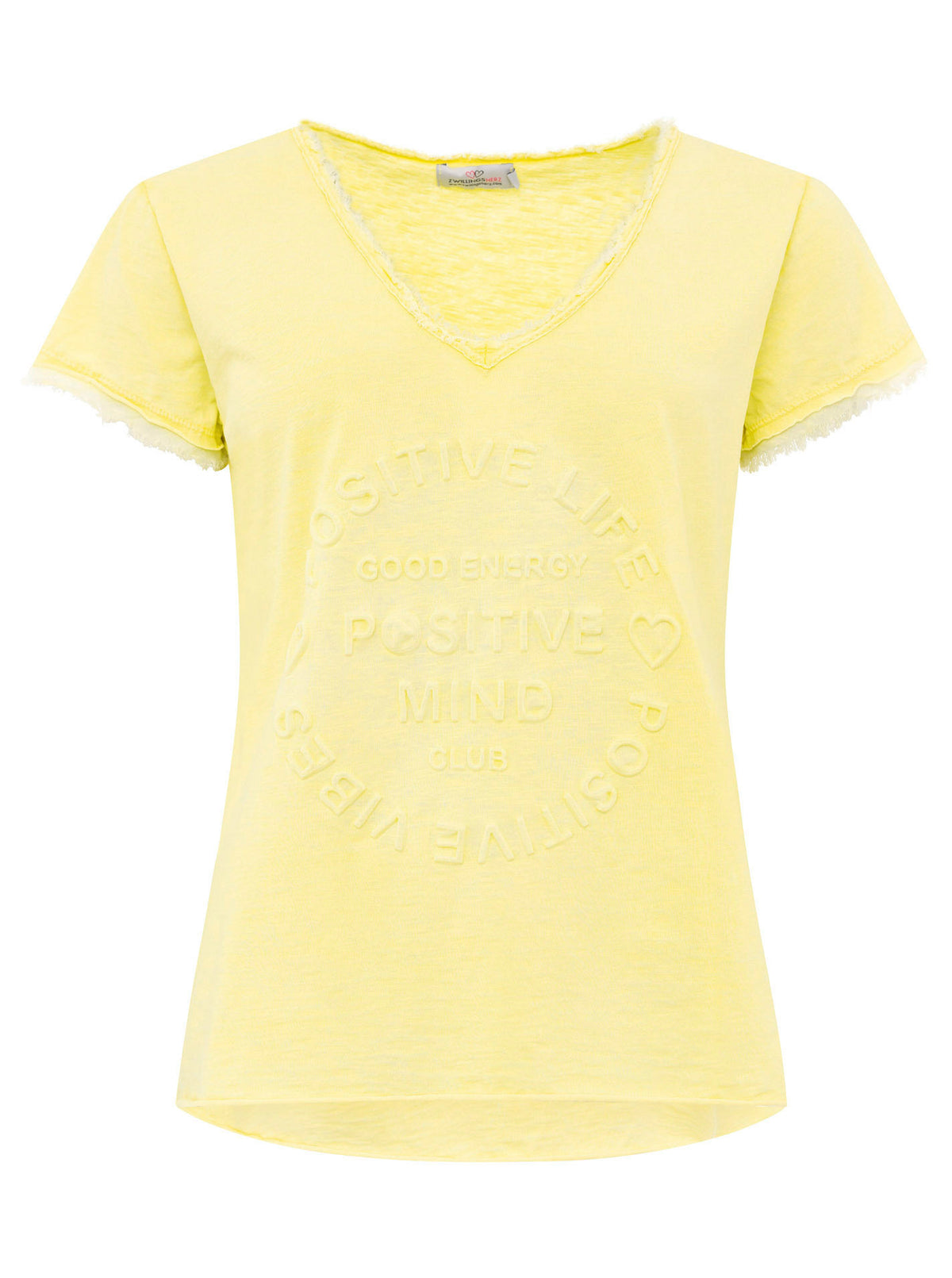 Zwillingsherz -  Oversized T-Shirt "Positive Mind" Fransensaum - Gelb