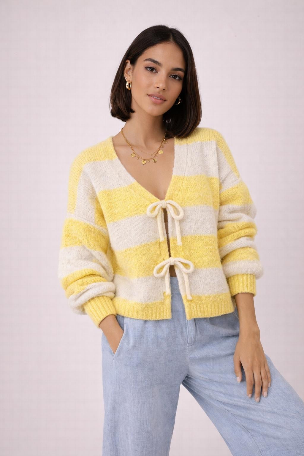 Zweifarbiger Cardigan mit Schleife - Gelb/Creme