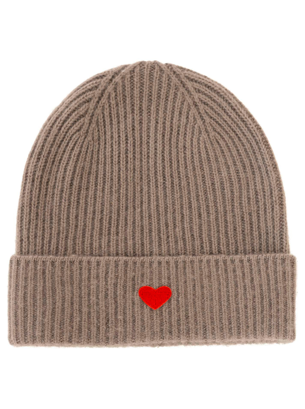 Zwillingsherz Damen Kaschmir-Mütze Herz Motiv (100% Cashmere) - Taupe/Rot