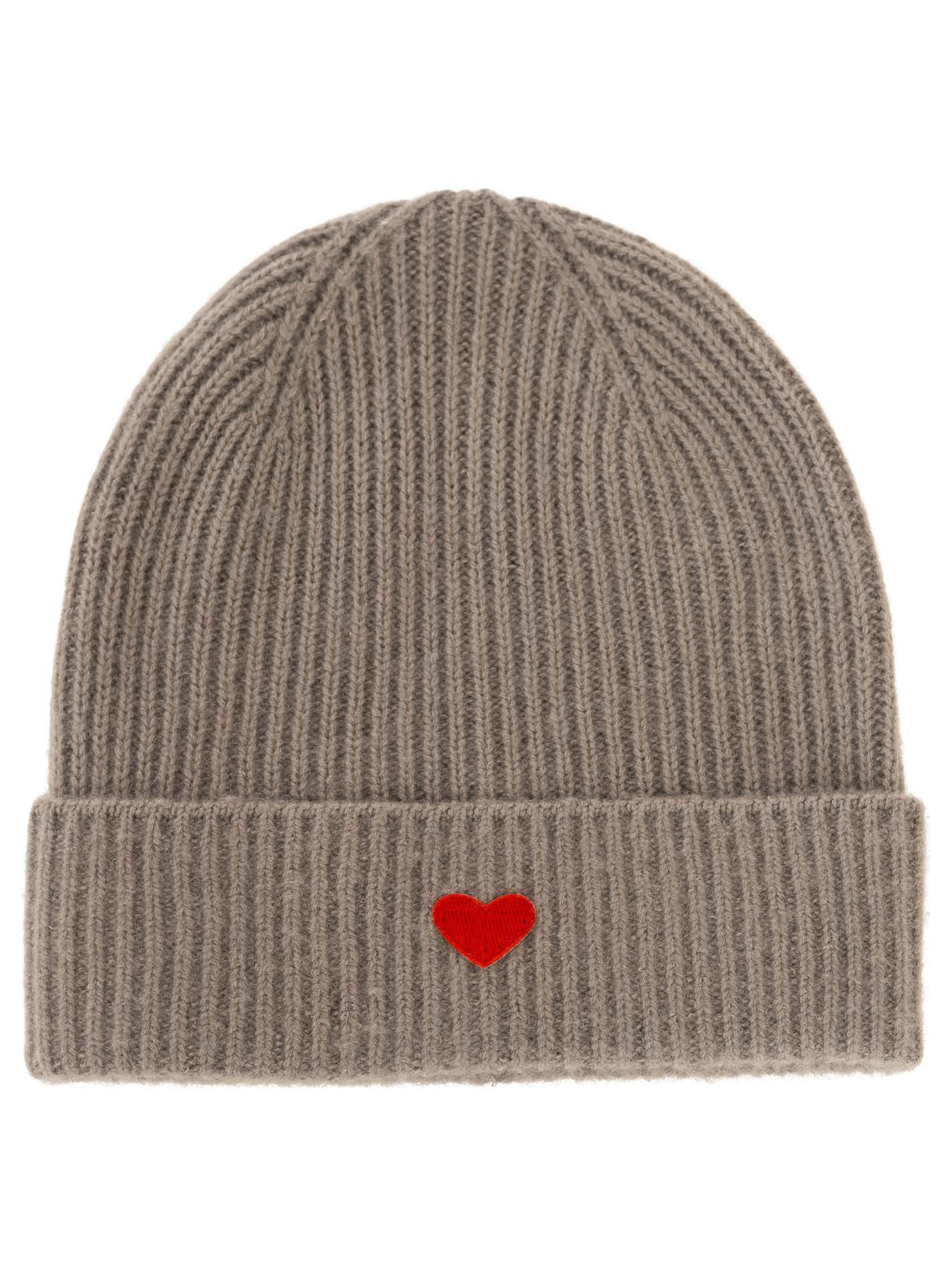 Zwillingsherz Damen Kaschmir-Mütze Herz Motiv (100% Cashmere) - Taupe/Rot