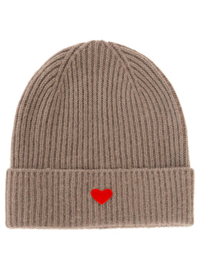 Zwillingsherz Damen Kaschmir-Mütze Herz Motiv (100% Cashmere) - Taupe/Rot