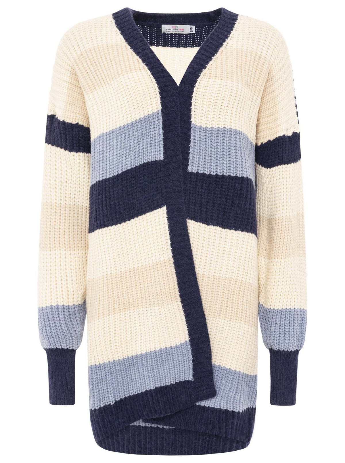 Zwillingsherz - Cardigan Grobstrick Streifen - Blau/Creme