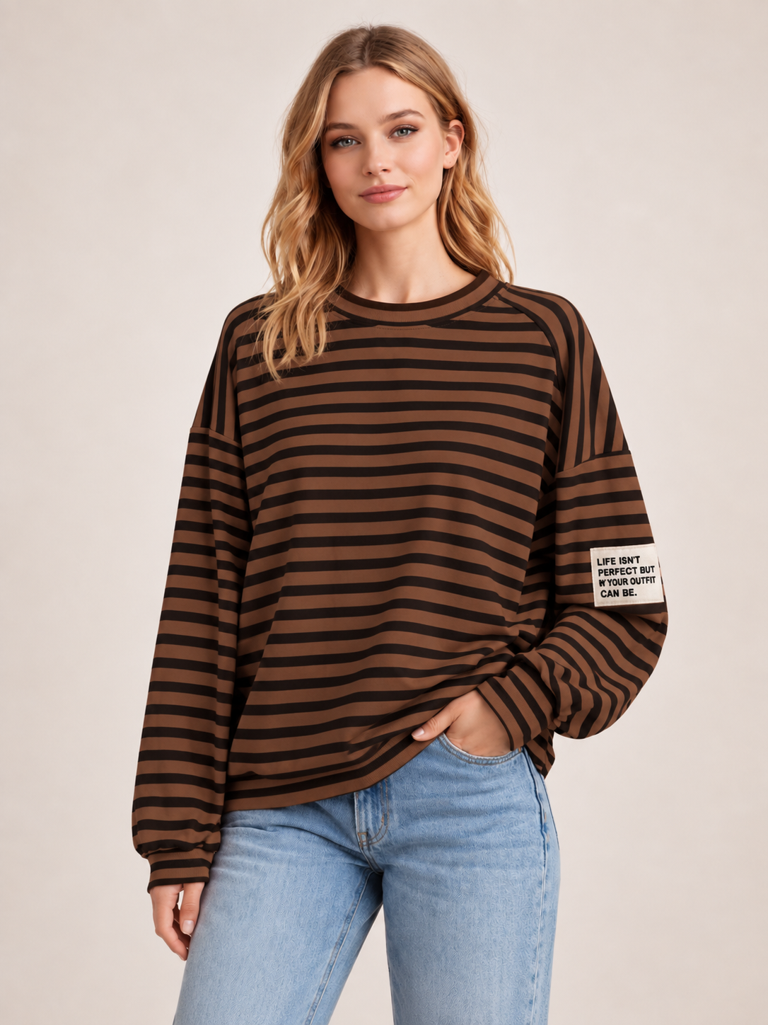Flair - Leichtes Streifen Sweatshirt "Life isn’t Perfect but your Outfit can be" - Braun