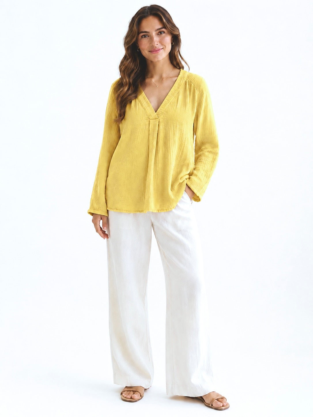 Musselin Bluse - V-Ausschnitt - Hellgelb